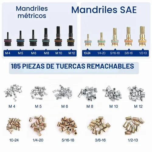 Vista 4 de WORKPRO Nutsert - Herramienta de tuerca remachadora de 16 pulgadas, kit de herramientas de remache con 11 mandriles métricos y SAE, kit surtido