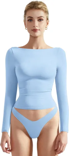 Vista 23 de SUUKSESS Camiseta de mujer con cuello redondo, manga larga, doblemente forrada, ajustada y corta