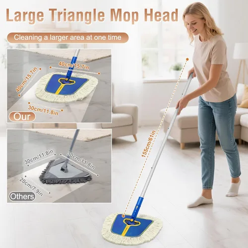 Vista 2 de SOBONNE - Trapeador de polvo comercial para limpieza de pisos de madera dura 2 Reusable Wedge Cotton Mop Pads/61" Long Handle Dry Mop Broom for