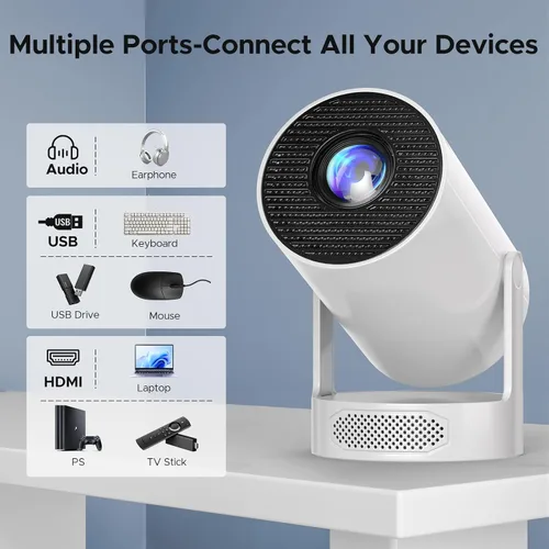 Vista 6 de Mini proyector con WiFi y Bluetooth, proyector de película portátil inteligente compatible con 4K, 300 ANSI, altavoz base de 5 W, rotación de 220°