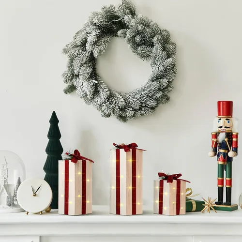 Vista 6 de Barydat 3 piezas de cajas de regalo iluminadas de Navidad para decoración de mesa de Navidad, centro de mesa rústico de madera para regalo