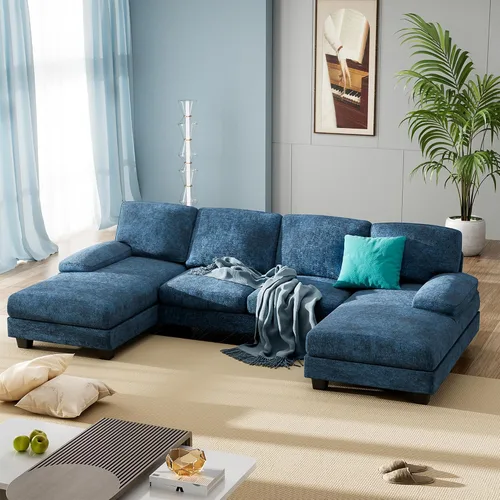 Vista 6 de Furniwell Sofá modular convertible de 4 asientos para sala de estar, sofá modular de tela moderna en forma de U, con diván doble y espuma Azul
