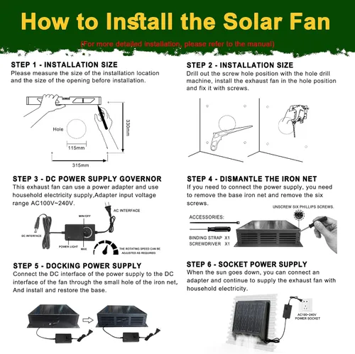 Vista 7 de Ventilador solar de 25 W para gallinero, ventilador de escape solar de 430 CFM con cable adaptador de corriente, ventilador de escape solar