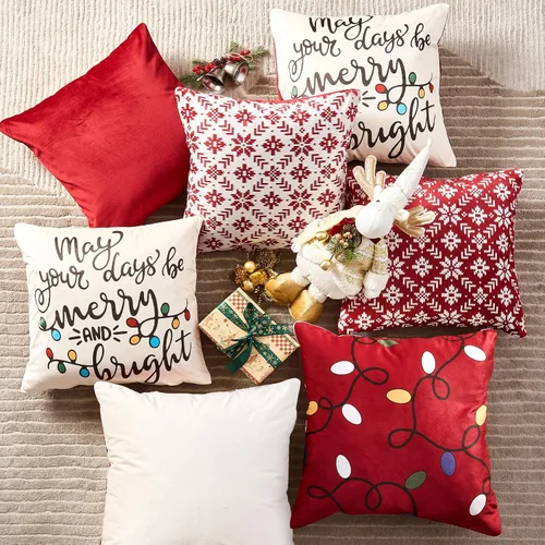 Vista 9 de jinchan Fundas de almohada navideñas de 20 x 20 pulgadas, fundas de almohada rojas navideñas con estampado de luces de cascabel, decoración