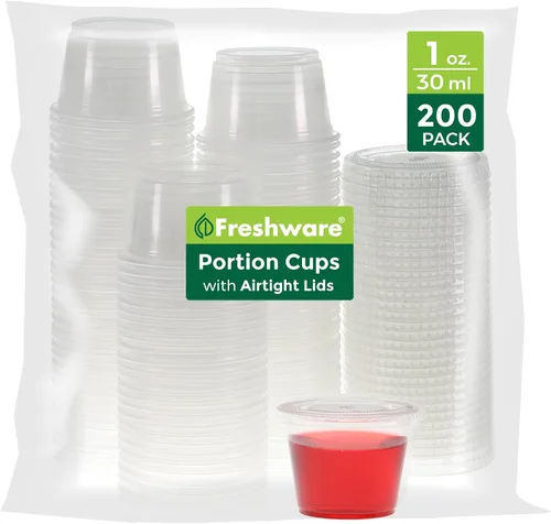 Vista 13 de Freshware Vasos de plástico para porciones con tapas [4 onzas, 200 juegos] vasos de plástico desechables para preparación de comidas, aderezos