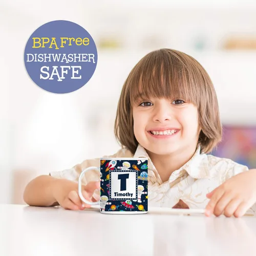 Vista 2 de Taza personalizada con patrón espacial para niños, nombre e inicial, polímero ligero
