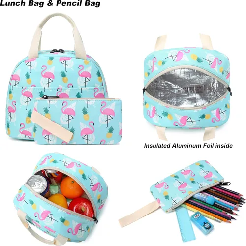 Vista 3 de Yusudan Juego de mochila escolar para niñas, mochila escolar para niños y adolescentes, con bolsa de almuerzo y bolsa para lápices, Verde flamenco