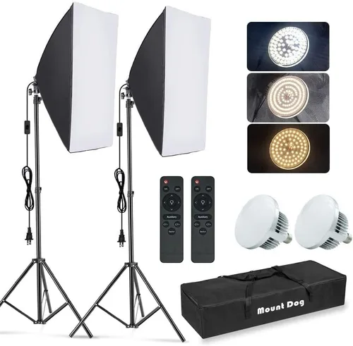 Vista 8 de MOUNTDOG Kit de Iluminación Softbox, 2X Softbox de Fotografía de 16'' x 16'' con 2 Bombillas LED E27 de 85W con Socket y Control Remoto, Luz
