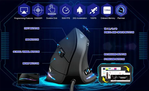 Vista 2 de Ratón ergonómico con cable con joystick, mouse vertical para gamer, 11 botones programables, 10000 DPI, mouse ajustable para juegos para PC, Mac