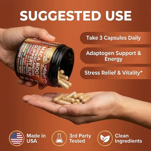 Vista 6 de Cápsulas de raíz de maca orgánica Clean Nutra para mujeres + Ashwagandha, corteza de olmo resbaladiza, tongkat ali, rodiola rosea, fenogreco