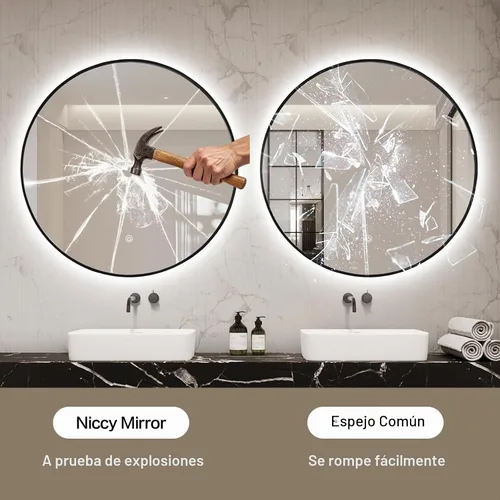 Vista 9 de Niccy Espejos de baño LED redondos, espejo retroiluminado con marco negro