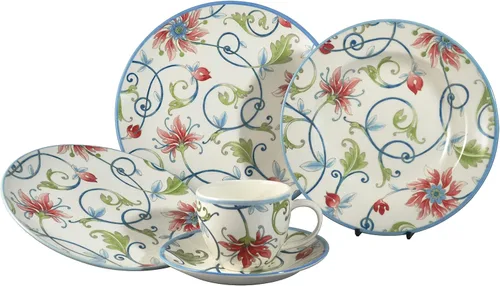 Vista 28 de Tudor Royal - Juego de vajilla redonda de porcelana de 12 piezas, servicio para 4, diseño botánico, flores de verano, platos, cuencos, brillante