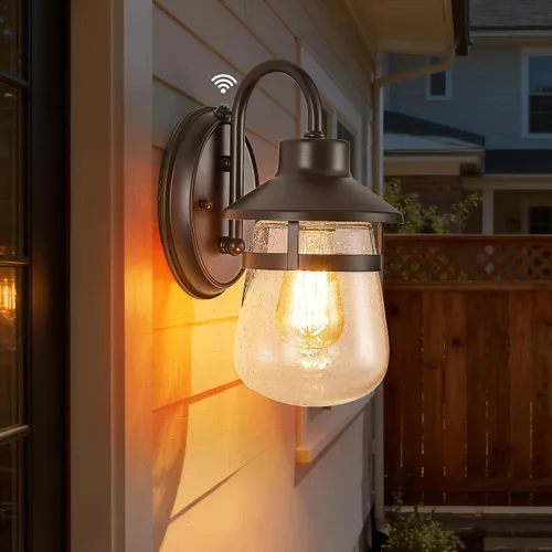 Vista 10 de Tarentlight Aplique de pared para exteriores con pantalla de vidrio transparente semillado, accesorio exterior impermeable en acabado de bronce