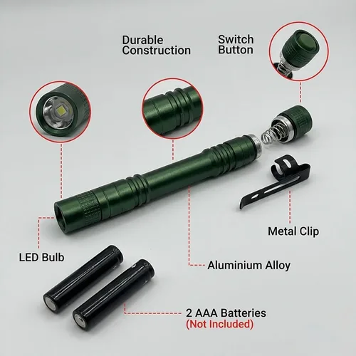 Vista 6 de Paquete de 2 linternas para bolígrafo, interruptor trasero de un solo modo, mini linterna LED alimentada por 2 baterías AAA, luz de bolsillo