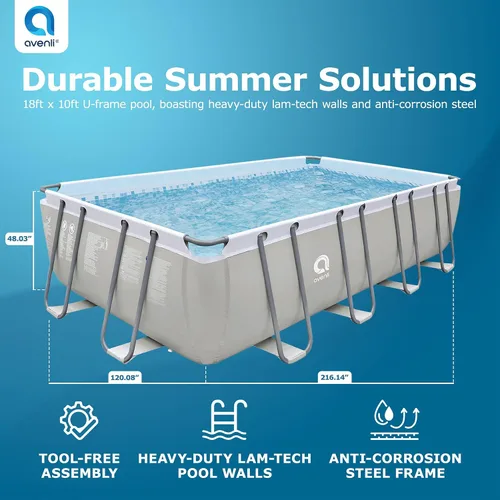 Vista 2 de JLeisure Avenli 17776 - Piscina rectangular sobre el suelo con marco de acero, de 18 x 10 x 4 pies, con kit de reparación, color gris