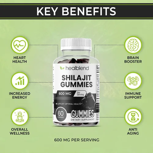Vista 2 de healblend Gomitas Shilajit orgánicas del Himalaya de 600 mg – Salud óptima, energía e inmunidad para hombres y mujeres, sabor a fruta natural – 60