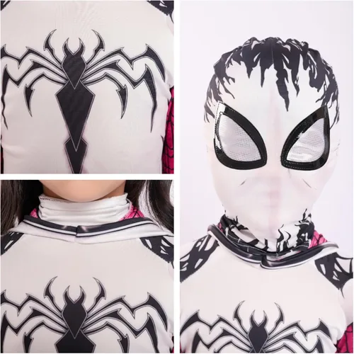 Vista 7 de LG LOUIS GARDEN Disfraz de araña para niños, estilo 3D, traje de araña blanca, overol con máscara para fiesta de Halloween, cosplay, traje para niñas