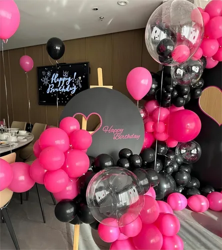 Vista 6 de 136 piezas de kit de arco de globos de color rosa eléctrico y negro con globos transparentes - 18/12/10/5 pulgadas de guirnalda gótica