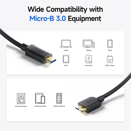 Vista 4 de Cable Matters 10Gbps Cable USB C corto a Micro USB 3.0 - 1 pie, cable de disco duro USBC, cordón Micro B a USBC, compatible con disco duro externo