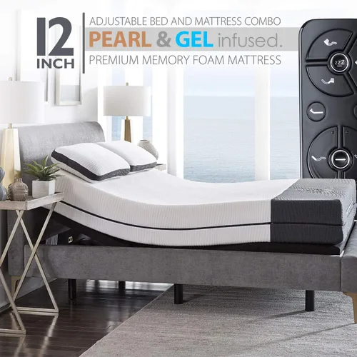 Vista 7 de Blissful Nights Ananda - Colchón de espuma viscoelástica con infusión de perlas y gel frío de 12 pulgadas con base de cama ajustable de primera