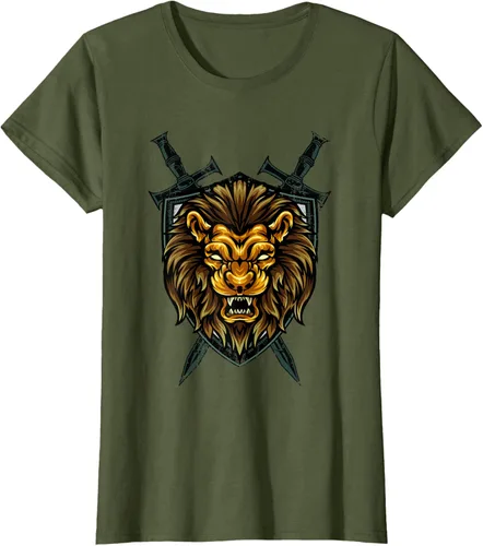 Vista 96 de Camiseta con diseño de caballero medieval renacentista, con diseño de espada de león, Negro, S