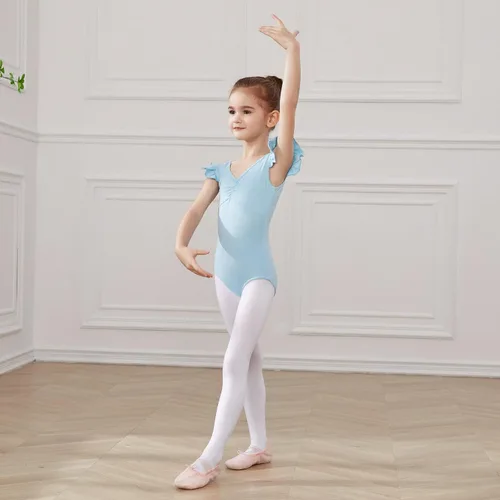 Vista 4 de HIPPOSEUS Leotardos de gimnasia de ballet para niñas, con volantes, manga corta, ropa de ballet para baile, Y-07