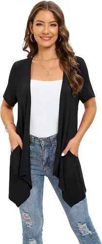 Vista 3 de Cárdigan floral de manga corta para mujer, casual, drapeado, frente abierto, ligero, cárdigan de verano con bolsillo, dobladillo alto y bajo