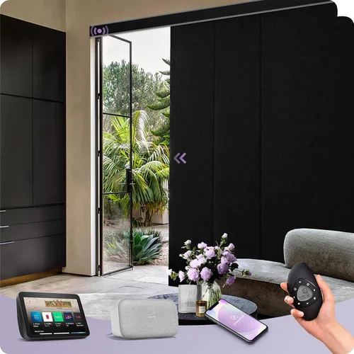 Vista 30 de Graywind Paneles deslizantes motorizados opacos compatibles con Alexa Google, persianas de riel para puertas corredizas de patio