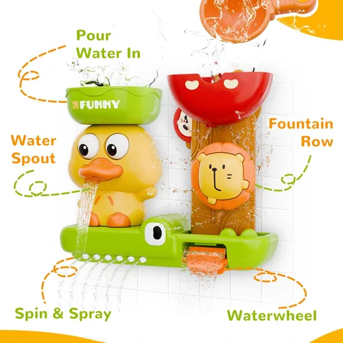 Vista 4 de iPlay, iLearn Juguete de baño para niños pequeños de 1 a 3 años, juguete de bañera de pato con ventosa, juego de bañera para niños, juego de ducha
