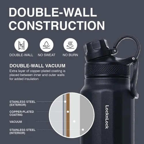 Vista 4 de LocknLock Trek Botella de acero inoxidable con aislamiento de doble pared, 32 onzas, color negro