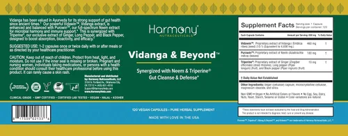 Vista 4 de Harmony Nutraceuticals Vidanga & Beyond™ Extracto de alta potencia con neem y triperine® Limpieza intestinal y apoyo de defensa 120 cápsulas