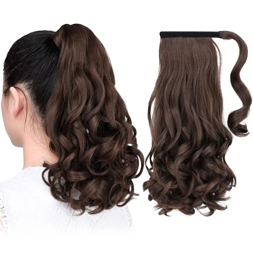 Vista 16 de Extensiones de cola de caballo, extensión de cola de caballo negra de 16 pulgadas, corta, ondulada, rizada, envolvente, resistente al calor