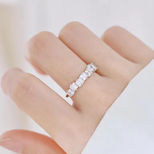Vista 6 de Sterling Silver Wedding Band for Women, CZ Cubic Zirconia Rings White Gold Plated Half Eternity Ring Size 5-10