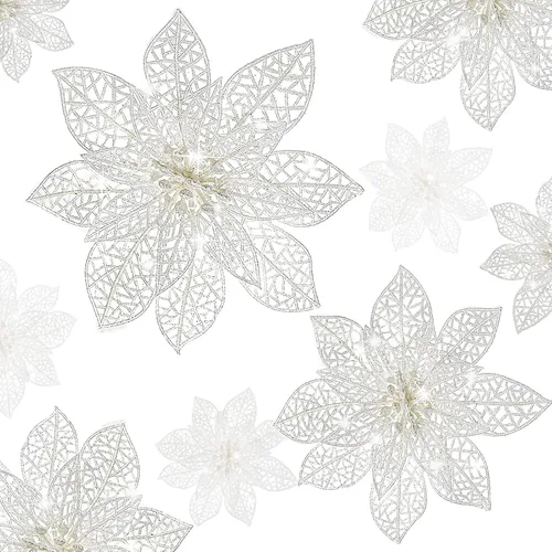 Vista 12 de Wironlst 24 piezas de flores de pascua con purpurina para árbol de Navidad, arbustos de nochebuena brillantes, decoraciones de Navidad para Navidad