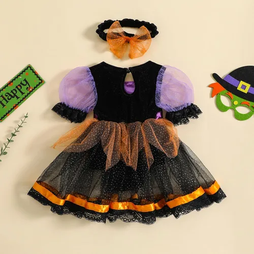 Vista 3 de Disfraz de bruja de Halloween para niña pequeña, vestido de tul con manga abombada, vestido de tul con falda tutú de encaje, traje de fiesta