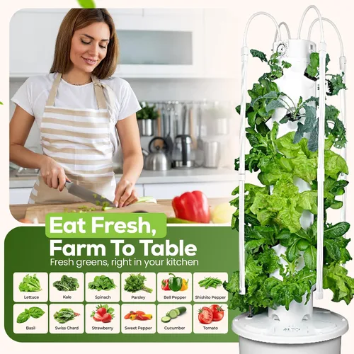 Vista 7 de Torre Hidropónica GX Torre Plantadora Vertical Kit de Sistema de Cultivo Hidropónico Grado Alimentario con 24 Macetas de Red