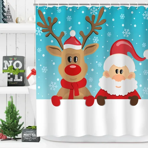 Vista 2 de LIVILAN Cortina de ducha de Navidad, diseño de Papá Noel y reno con 12 ganchos, cortina de baño decorativa de Navidad de tela de dibujos animados