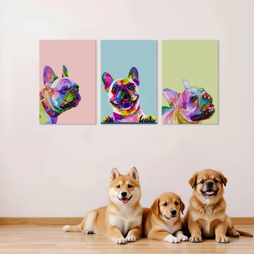 Vista 4 de 3 piezas de arte de pared en lienzo de bulldog francés, pintura de decoración de bulldog francés con marco interior de madera