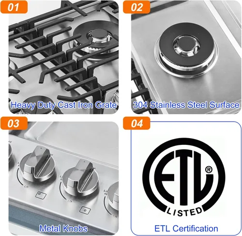 Vista 5 de AMZCHEF Placa de cocina de gas de 30 pulgadas con 5 quemadores SABAF fabricados en Italia. Máx. 48300 BTU/hr Estufa de gas incorporada de acero