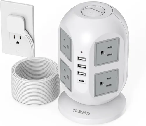 Vista 8 de Regleta de alimentación con protector de sobretensión TESSAN, torre, cable de extensión plano de 10 pies con múltiples tomas, 8 salidas de CA, 4