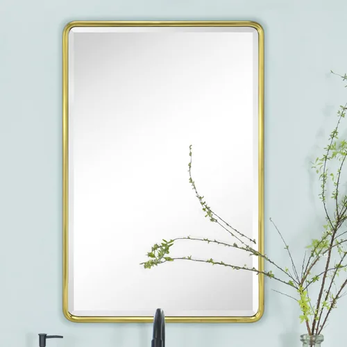 Vista 2 de TEHOME Botiquín de baño empotrado con marco de metal dorado cepillado con espejo rectangular redondeado con espejo biselado de 16 x 24 pulgadas