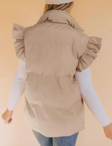 Vista 5 de Meyhad Chaleco acolchado de manga con volantes para mujer, chaleco acolchado sin mangas