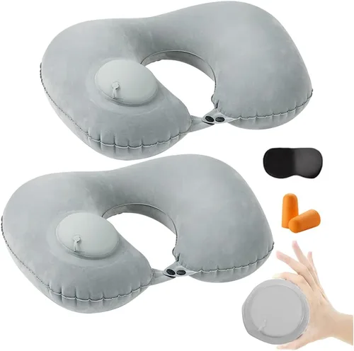 Vista 8 de 2 almohadas inflables de viaje, almohada inflable ajustable para el cuello, almohada inflable portátil en forma de U con máscara de ojos, tapón