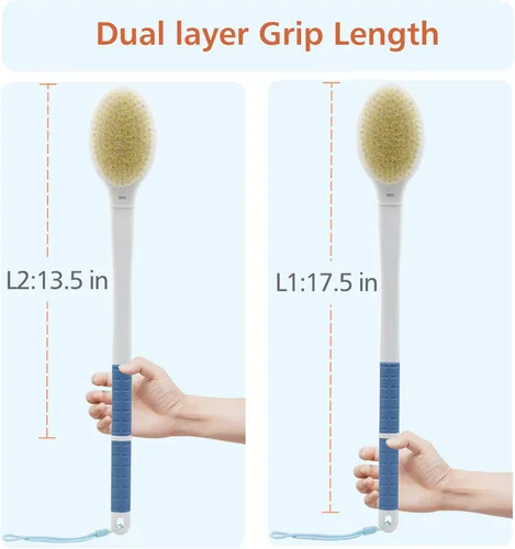 Vista 5 de Cepillo de ducha con cerdas suaves y rígidas, mango largo de 18.5" de doble cara, cepillo de baño para la espalda, exfoliador corporal para Azul