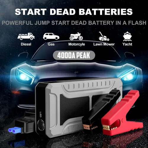 Vista 2 de Arrancador de coche, batería de pico de 4000 A (para todo gas o hasta 10 L de diesel), batería portátil de refuerzo de batería, caja de salto