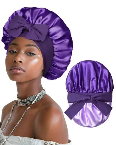 Vista 15 de Gorro de satén para mujeres, gorros de seda para dormir, gorro para cabello rizado con banda elástica con lazo, reversible de doble capa, gorro