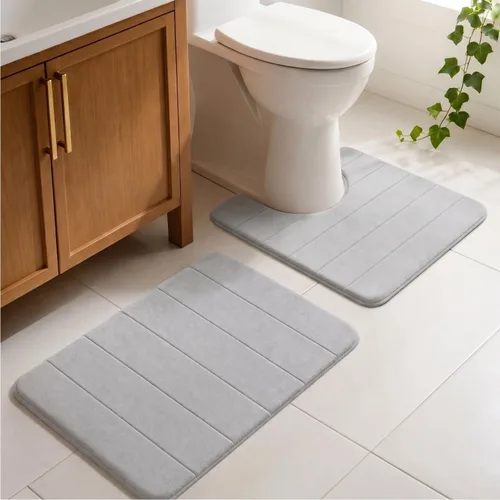 Vista 15 de Juego de 2 alfombras de baño de espuma viscoelástica, súper suaves, absorbentes, de secado rápido, alfombras de baño de espuma viscoelástica
