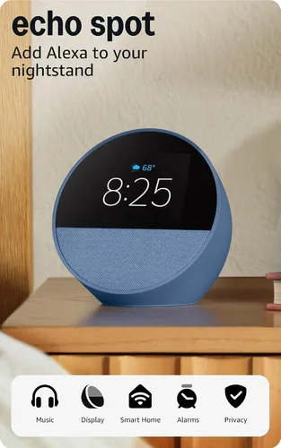 Vista 12 de Amazon Echo Spot: ideal para mesitas de noche, oficinas y cocinas, incluye despertador inteligente con Alexa (negro)