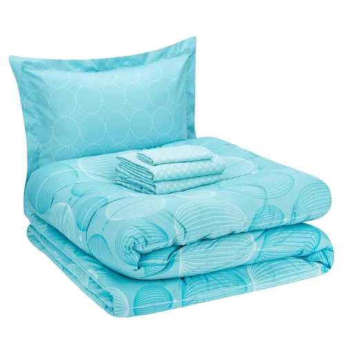 Vista 14 de Amazon Basics - Juego de edredón Twin/Twin XL con sábanas, juego de ropa de cama de 5 piezas, microfibra ligera azul Calvin a rayas, en una bolsa