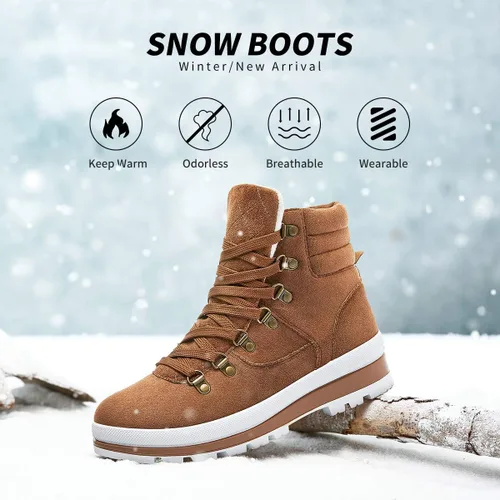 Vista 2 de FRACORA Botas de combate para mujer, botas de tobillo con cordones, botas de nieve para invierno, botas de nieve con cremallera lateral